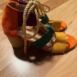 Multicolor Suede Block Heel Sandals with Rope Tie